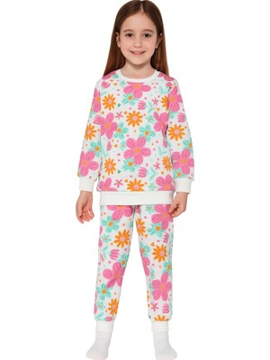 Kız Çocuk Iki Iplik Şardonlu Beyaz Renk Çiçek Desenli Uzun Kollu Pijama Takımı