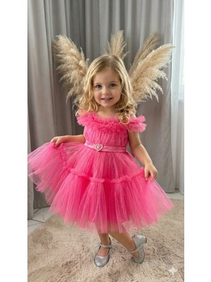 Ayyılmaz Kız Çocuk Pürpür Abiye Elbise Ekstra Tül Detaylı Beli Lastikli PEMBE