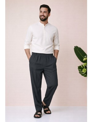 Üstün Online Hacı ve Umre Için Günlükte Şık Kesim Rahat Kalıp Erkek Şalvar Pantolon Çizgili Koyu Füme