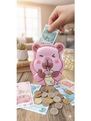 Kesene Çocuklar Için Kilitli Metal Para Kumbara Sevimli Kapibara Figür Çocuk Odası Dekoratif Kumbara Pembe