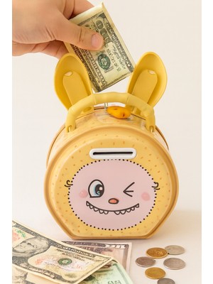 Kesene Kilitli Metal Kumbara Sevimli Tavşan Figürlü Kulaklı Çocuklar Için Para Biriktirme kumbarası sarı