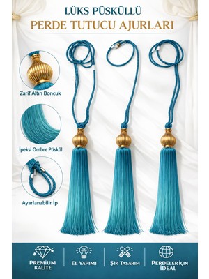 Çillor 3 Lü Set Turkuvaz Ipli Gold Kuka Perde Bağlama Tavan Korniş Braçol