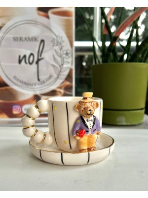 El Yapımı Seramik Gerçek 24K Altın Dekorlu Damat Teddy Türk Kahvesi Fincanı - Mor