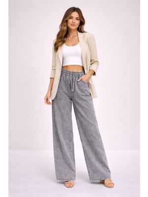 Mg Giyim Kadın Beli Lastikli Bol Paça Jean Pantolon Rahat Kalıp