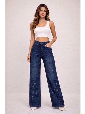 Mg Giyim Kadın Taş Detaylı Bol Paça Jean Pantolon - Yüksek Bel Denim