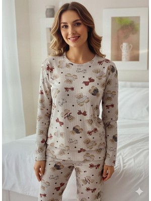 Enisa Interlok Kumaş Uzun Kollu Kadın Pijama Takımı Desenli Baskılı Işlemel
