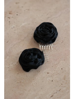 İstoria Bridal Siyah Gül & Gümüş Tarak Toka, Nişan-Düğün Saç Aksesuarı,gül Pin Toka