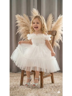 Ayyılmaz Kız Çocuk Pürpür Abiye Elbise Ekstra Tül Detaylı Beli Lastikli BEYAZ