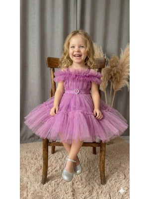 Ayyılmaz Kız Çocuk Pürpür Abiye Elbise Ekstra Tül Detaylı Beli Lastikli LİLA