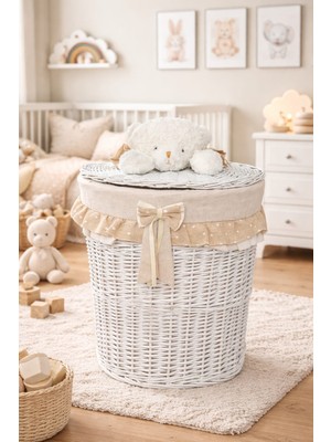 Dekorasyaa Oval Hasır Figürlü Kapaklı Oyuncak Sepeti Seti - Organizer -Bej-Çamaşır Sepeti - 55X50CM