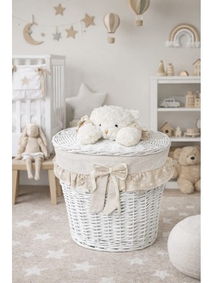 Dekorasyaa Oval Hasır Figürlü Kapaklı Oyuncak Sepeti Seti - Organizer -Bej-Çamaşır Sepeti - 40X28CM