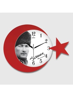 Skygo Ay Yıldızlı Duvar Saati Kırmızı Beyaz Atatürk