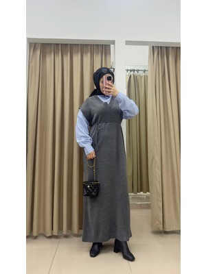 By Esma Eser Gömlek Detay Triko Elbise Gri