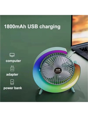 İntora Masaüstü Vantilatör USB Şarjlı Rgb LED Işıklı 3 Kademeli 180° Ayarlanabilir Soğutucu Fan Yeşil