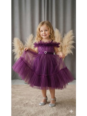 Ayyılmaz Kız Çocuk Pürpür Abiye Elbise Ekstra Tül Detaylı Beli Lastikli MÜRDÜM