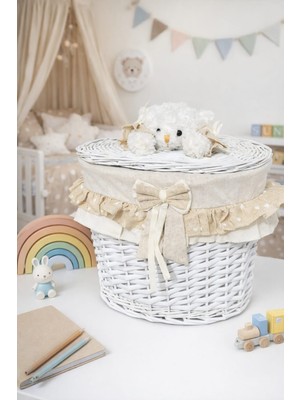 Dekorasyaa Oval Hasır Figürlü Kapaklı Oyuncak Sepeti Seti - Organizer -Mavi-Çamaşır Sepeti - 28X24CM