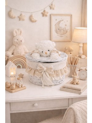 Dekorasyaa Oval Hasır Figürlü Kapaklı Oyuncak Sepeti Seti - Organizer -Bej-Çamaşır Sepeti - 25X17CM