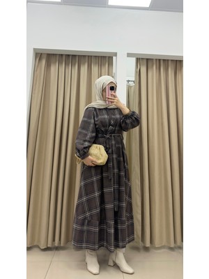 By Esma Eser Kareli Elbise - Kahverengi