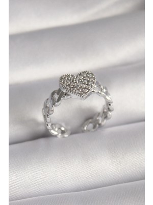 Lowell Home Pirinç Gümüş Renk Zirkon Taşlı Kalp Model Kadın Yüzük