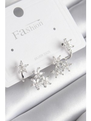 Lowell Home Pirinç Gümüş Renk Zirkon Taşlı Çiçek Tasarım Kadın Küpe