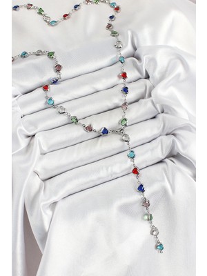 Lowell Home Pirinç Gümüş Renk Karışık Renk Zirkon Taşlı Kalpli Y Kadın Kolye