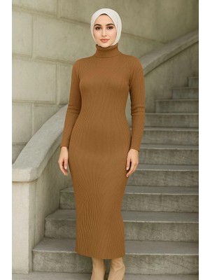 Mevese Tesettür Triko Kadın Elbise  Kahverengi -