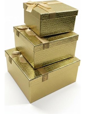 abnturk 3'lü Gold Deri Görünümlü Parlak Kabartmalı Büyük Kare Kurdeleli Hediye Kutusu