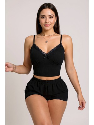 Sb Shopping Kadın Siyah Alt ve Üst Dantel Detaylı Fiyonklu Şortlu Gecelik Takımı – Modern, Konforlu ve Günlük K