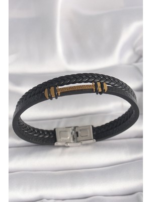 Lowell Home 316L Çelik Gold Renk Zikzak Işlemeli Aksesuarlı Çift Sıra Burgu Desenli Deri Kordon Erkek Bileklik