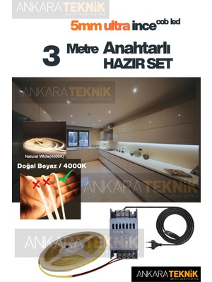 Ankara Teknik OEM Ankarateknik Mutfak Tezgah Üstü Için Ince Cob Şerit LED 12V Adaptör Tak Çalıştır Anahtarlı / 3 Metre Doğal Beyaz