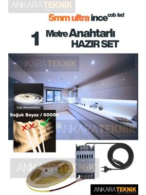 OEM Ankarateknik Mutfak Tezgah Üstü Için Ince Cob Şerit LED 12V Adaptör Tak Çalıştır Anahtarlı / 1 Metre Soğuk Beyaz