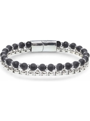 Hg.Aksesuar Erkek Çelik Zincirli Mat Oniks ve Silver Hematit Bileklik