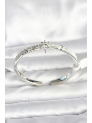 Depozee Pirinç Gümüş Renk Kutup Yıldızı Model Kadın Kelepçe Bileklik