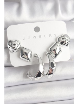 Depozee Gümüş Renk Kalp Halka Figür Ccb Plastik Kadın Küpe Seti