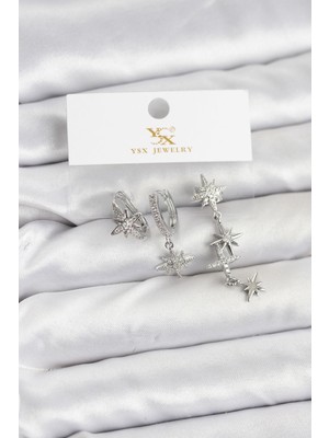 Ayder Timya Pirinç Gümüş Renk Zirkon Taşlı Kutup Yıldızı Model Ysx Trio Küpe Seti - TJ-BKP11565 TG/TMYA1395 226952