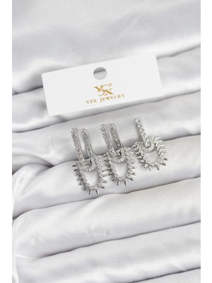 Depozee Pirinç Gümüş Renk Zirkon Taşlı Vintage Model Ysx Trio Küpe Seti
