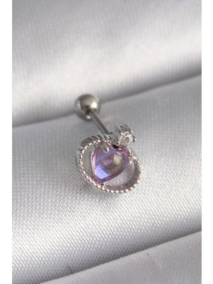 Depozee 316L Çelik Gümüş Renk Mor Mineli Kalp Zirkon Taş Detay Tragus Piercing