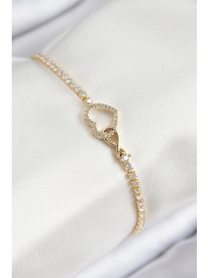 Depozee Pirinç Zirkon Taşlı Sonsuzluk Kalp Model Gold Renk Kadın Bileklik