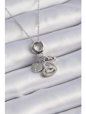 Depozee 316L Çelik Gümüş Renk Zirkon Taş Detay Kalp Model Charm Kadın Kolye