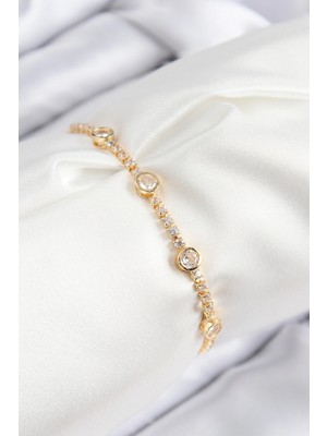 Depozee Pirinç Zirkon Taşlı Daire Model Gold Renk Asansörlü Kadın Bileklik