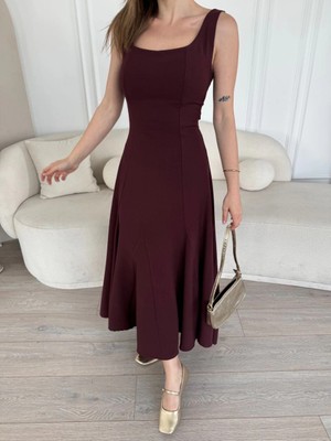 Mevese Sırt Dekolteli Kolsuz Uzun Kadın Elbise - Mürdüm -