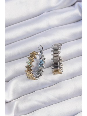 Depozee Pirinç Gold Gümüş Renkli Tırtıklı Halka Küpe