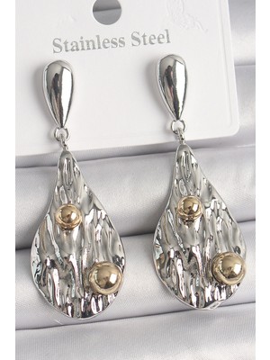 Depozee Pirinç Gümüş Renk Sallantı Damla Model Gold Topçuk Detay Kadın Küpe