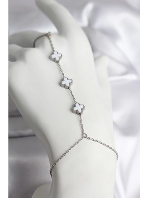 Depozee 316L Çelik Gümüş Renk Beyaz Yonca Model Kadın Şahmeran