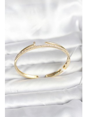 Depozee Pirinç Gold Renk Zirkon Taşlı Çivi Model Kadın Kelepçe Bileklik