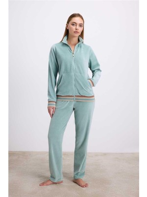  Kadife Dokulu Uzun Kollu Sweatshirt ve Pantolon Takımı