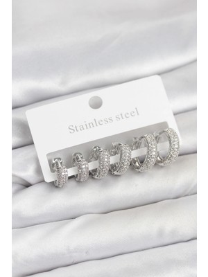 Depozee 316L Çelik Gümüş Renk Zirkon Taşlı Halka Küpe Seti