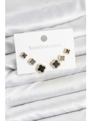 Depozee 316L Çelik Zirkon Taşlı Yonca Model Kadın Küpe Seti