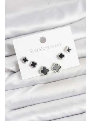 Depozee 316L Çelik Gümüş Renk Zirkon Taşlı Yonca Model Kadın Küpe Seti