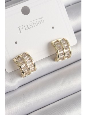 Depozee Pirinç Gold Renk Çift Sıra Zirkon Taşlı Kadın Küpe